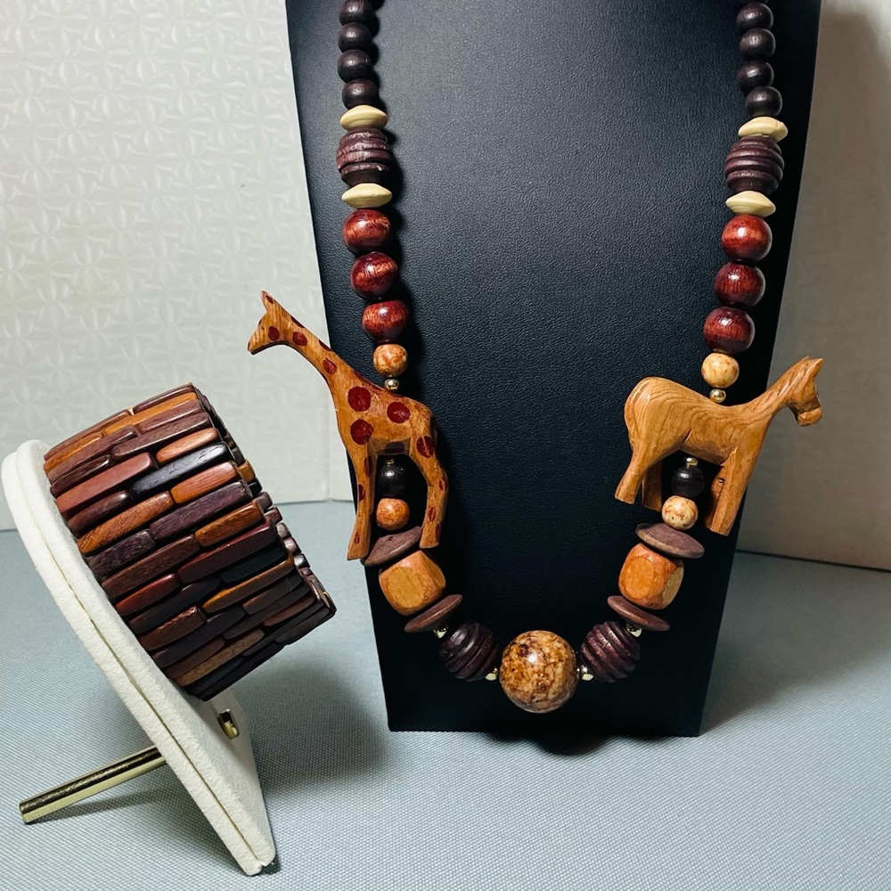 Vintage African Carved Animal Wooden Necklace & Coordinating Bracelet